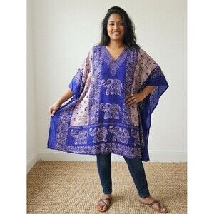 Nf Free Size Blue Elephant Batik Kaftan Poncho Top Blouse
